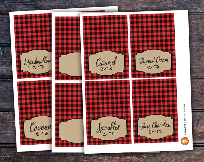 Hot chocolate bar, Lumberjack party, Woodland baby shower.Kraft, couple baby shower, hot cocoa, flannel, food tents, sign