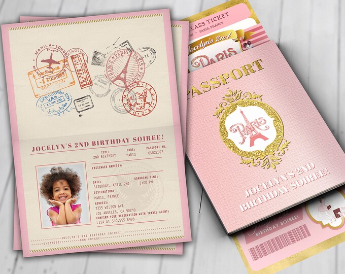 PASSPORT and TICKET, Sweet 16, Quinceanera invitation Girl birthday party, travel birthday party invitation- Paris, Digital files only
