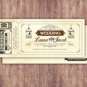 Art DecoVintage Retro Save the Date Ticket Announcement, wedding invitation, wedding shower, old Hollywood , bird cage, retro cinema ticket