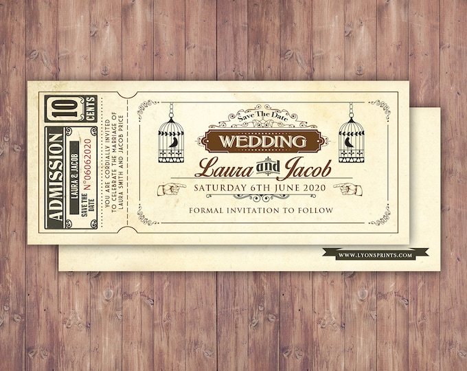 Art DecoVintage Retro Save the Date Ticket Announcement, wedding invitation, wedding shower, old Hollywood , bird cage, retro cinema ticket