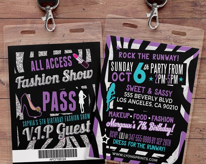 Rock the Runway, ticket birthday party invitation- popstar invitation-  rockstar party, fashion birthday, zebra print, high fashion, runway