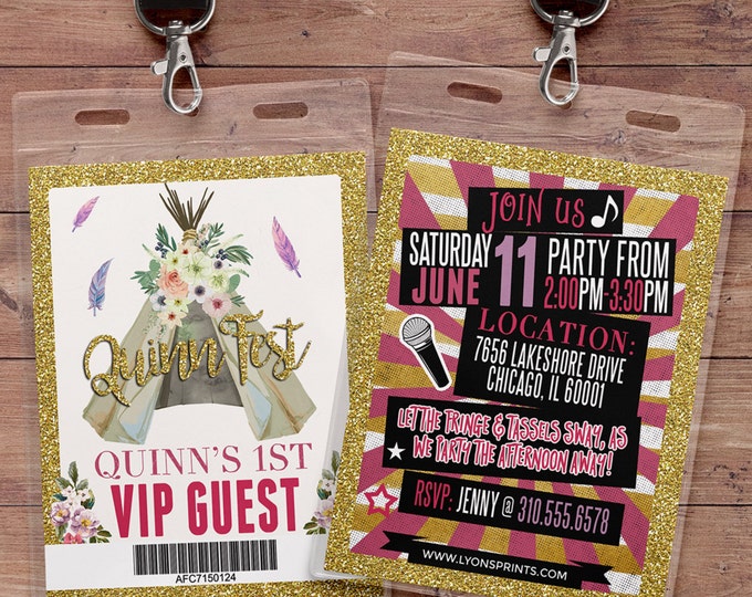 VIP pass, Teepee Birthday Invitation, ticket invitation, pow wow, BOHO, Tribal, first birthday, 1st birthday, Gold glitter, music festival