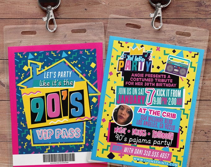 90s party, 80s party,Hip Hop, throwback, VIP PASS, backstage pass, Vip invitation, birthday invitation, lanyard, birthday, fresh prince