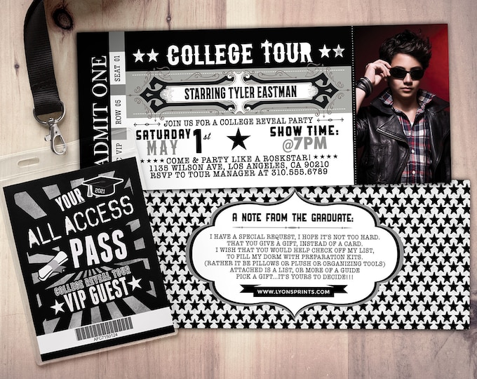 College reveal party, Concert ticket, graduation party invitation, rockstar birthday invitation, VIP pass, ticket invitation, rock star