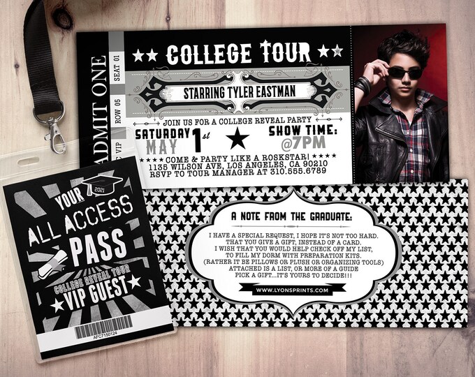 College reveal party, Concert ticket, graduation party invitation, rockstar birthday invitation, VIP pass, ticket invitation, rock star