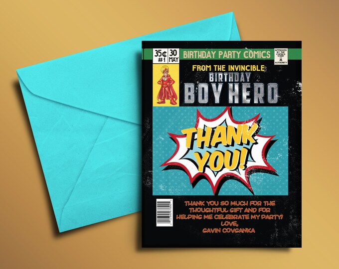 Super Hero Birthday Invitations, Super Hero thank you card,  Hero Invitation, Super Hero Party, Comic Invitation, Invite, thank you, comic