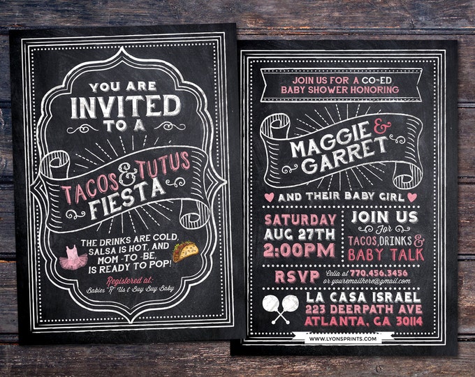 Tacos and Tutus, chalkboard couples co-ed Baby Shower BBQ invitation - babyq - baby is brewing, baby girl shower, fiesta, Mexican, Digital