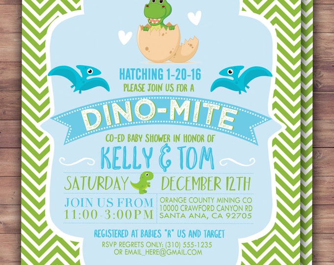 Dinosaur, baby shower, invitation, dino baby, chevron pattern, hatching, party decor,  baby shower decor, baby dinosaur, coed baby shower