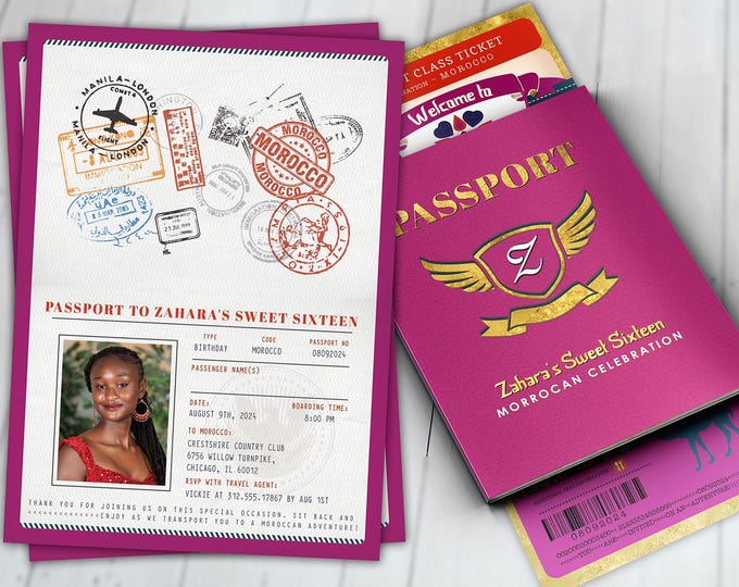 Morocco, Arabian, Passport and ticket, birthday invitation, Girl birthday, travel birthday party invitation, birthday, ethnic, Morocco theme