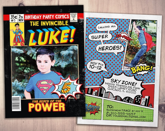 Comic birthday invitation, superhero invitation, comic invitation, comic book, vintage comic, hero invite, superhero party