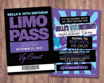 VIP PASS, Limo pass, Birthday party, 21st birthday, backstage pass, cocktail party, birthday invitation, wedding, bachelor, party bus