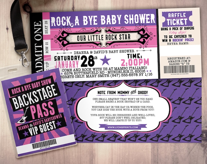 ROCK STAR concert ticket baby shower invitation-Coed baby shower invitation- Rock baby shower invitation- couples baby shower - music