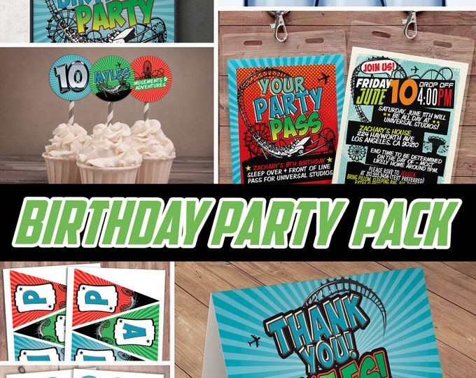 Party pack, party decorations, Amusement Park party, Party sign / super hero birthday, rollercoaster, table sign, cupcake topper, banner