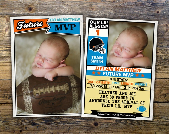 Basketball card, Football card, baseball, pregnancy announcement, birth announcement, baby boy, sports, baby shower, baby announcement