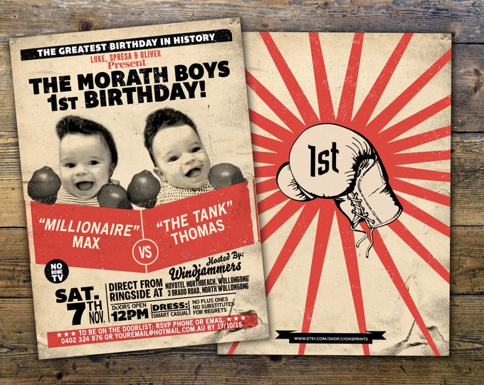 Twins birthday,Retro, vintage boxing, birthday invitation, boxing, men's birthday, 21st, 30th, 40th, 50th, 60th, boy's birthday,twins, boy