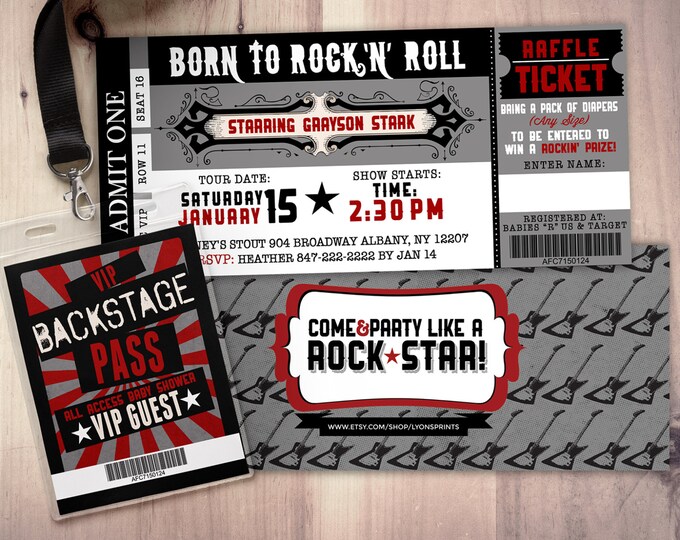 Rockstar baby shower invitation, Coed baby shower invitation,  Rockabye baby shower, ticket invitation, rockstar baby
