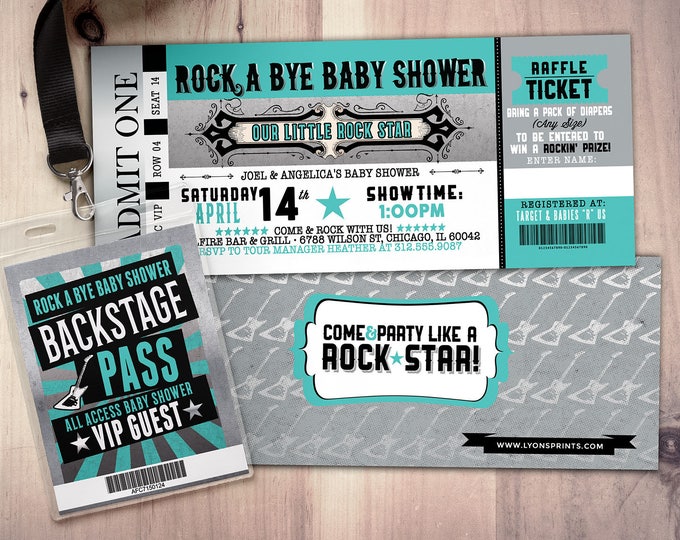Rockstar baby shower invitation, Coed baby shower invitation, Rockabye baby shower, ticket invitation, rockstar baby