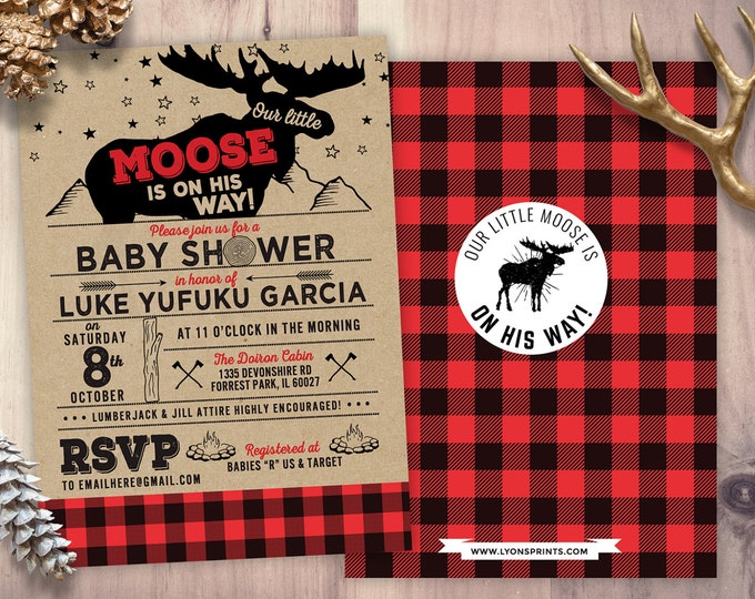 Lumberjack Baby Shower Invitation, digital file only, Buffalo Plaid Woodland Baby Shower Invitation, Lumberjack Invite, Gender Neutral,Moose