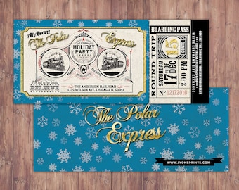 May include: A vintage-style train ticket for a "Polar Express" holiday party. The ticket is gold and red with a black border and features a train engine illustration. The text on the ticket reads "All Aboard The Polar Express" and "1st Annual Holiday Party". The ticket also includes the date and time of the event, "Saturday 17th of Dec 2:00 PM", and the event location, "The Anderson Railroad 1335 Wilson Ave, Chicago, IL 60041".