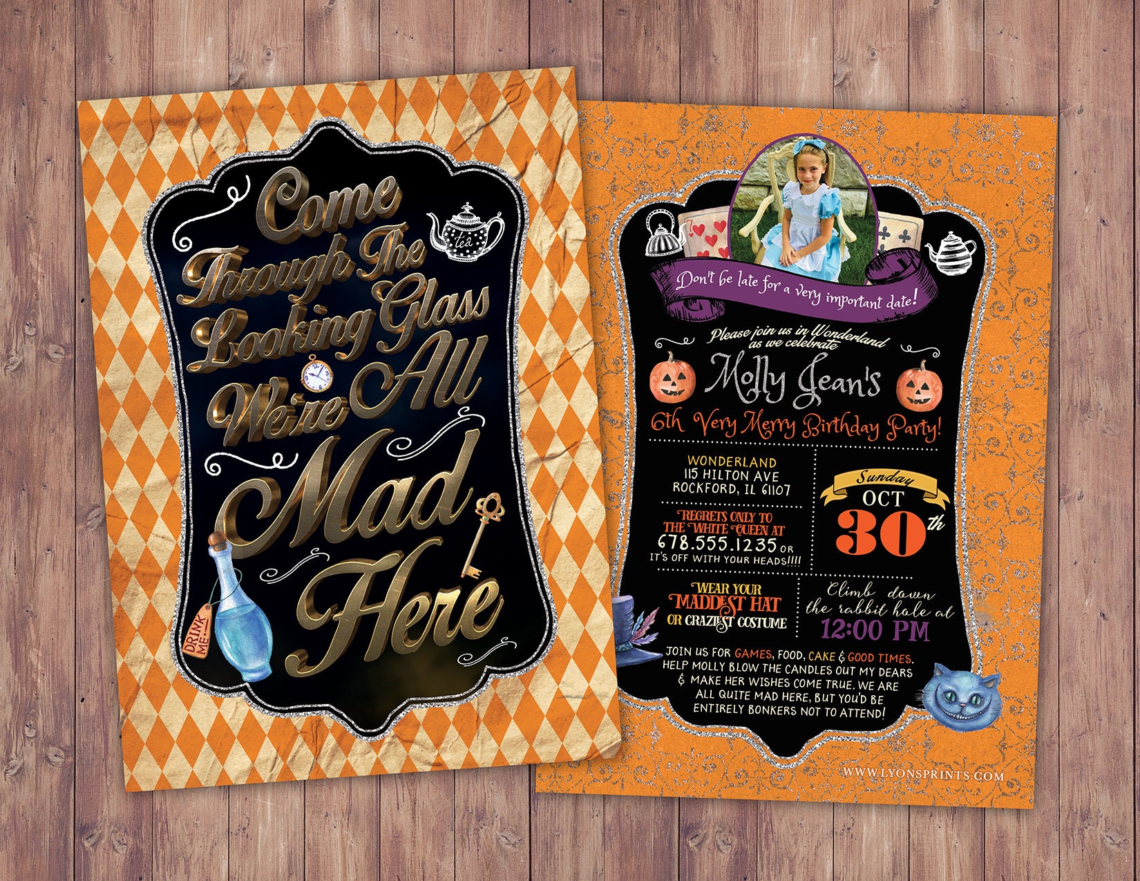 Alice In Wonderland Invitations Personalized with Envelopes, 5 x 7 inc