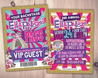 May include: A pink and teal invitation with gold glitter trim for a birthday party called "Ella Palooza 2". The invitation features a photo of a girl in a denim jacket and a white skirt. The text on the invitation says "2nd Annual Ella Palooza, Saturday Sept 24, Show Starts at 3:30 PM, Location: 514 Heather Lane, Los Angeles, CA 90210, Let the Fringe & Tassles Sway, as we party the afternoon away! RSVP: Lisa 310.555.4345 by 9/16, www.lyonprints.com"