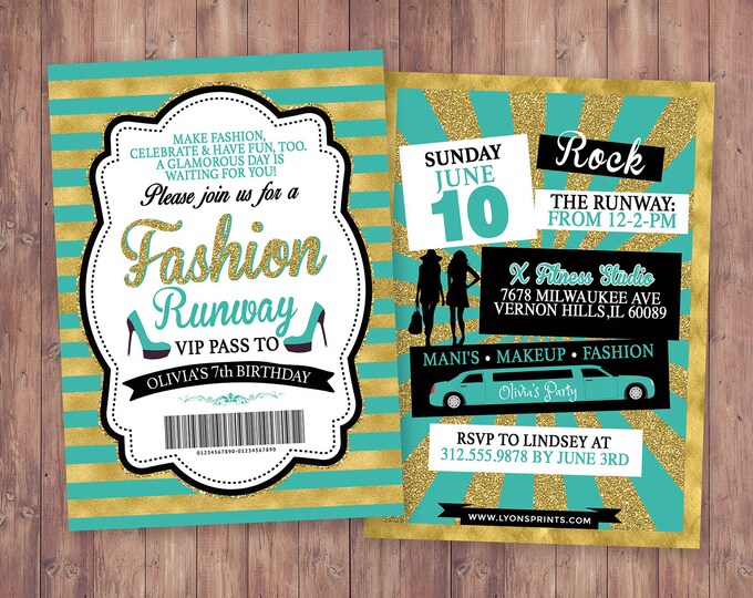 Rock the Runway, ticket birthday party invitation- popstar invitation-  rockstar party, fashion birthday, zebra print, high fashion, runway