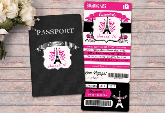 PASSPORT and TICKET invitation, travel birthday, Paris, Eiffel tower, first birthday, sweet 16, Sweet Sixteen, Digital files only Il_570xn