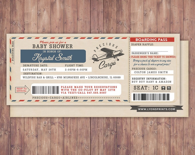 Airplane ticket baby shower invitation, vintage airplane, travel theme, Precious Cargo, time flies, airplane invite, Digital files only