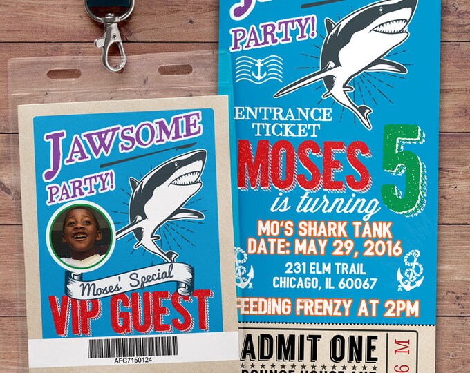 Shark invitation - Shark attack birthday invite - Shark birthday invitation - nautical- swimming party-pool party, shark attack, shark bite