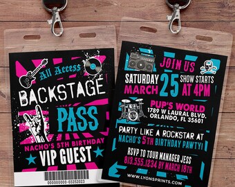 May include: A black and pink backstage pass with a guitar, record, and rock and roll hand symbol. The pass says "All Access Backstage Pass" and "Nacho's 5th Birthday VIP Guest".
