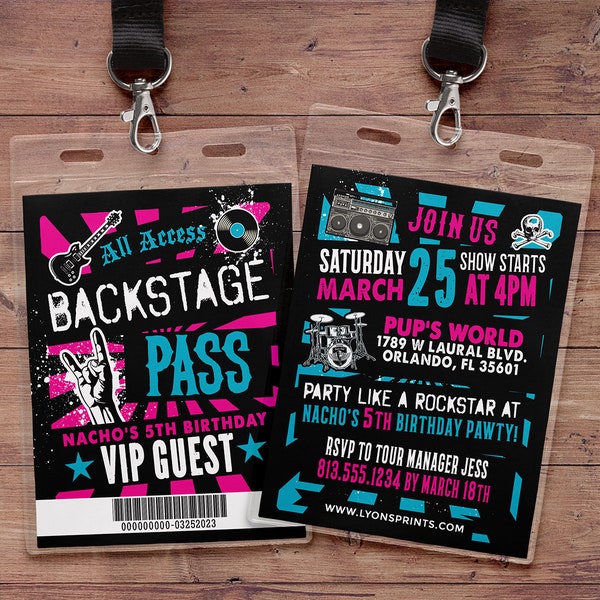 Rockstar invite, Punk Rock, VIP PASS, backstage pass, birthday, pop star, 80s, Digital files