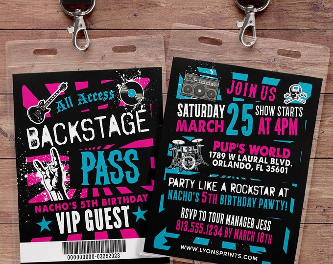 Rockstar invite, Punk Rock, VIP PASS, backstage pass, birthday, pop star, 80s, Digital files