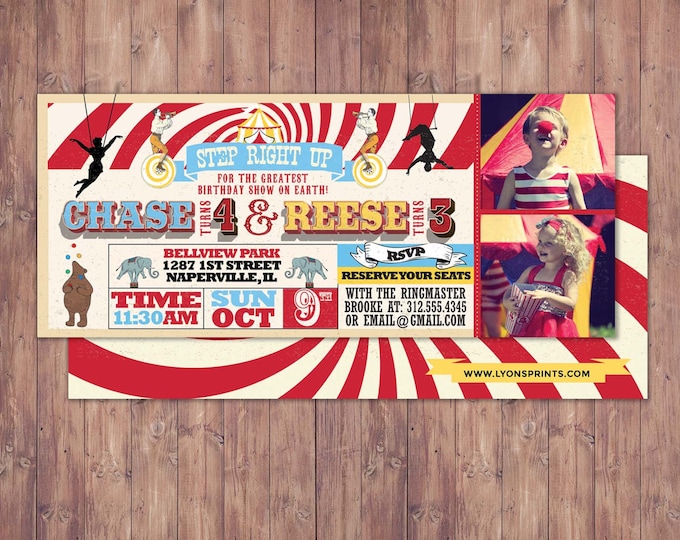 Birthday- circus ticket-carnival ticket invitation - vintage circus, retro, ticket invitation, carnival, circus birthday invitation, twins
