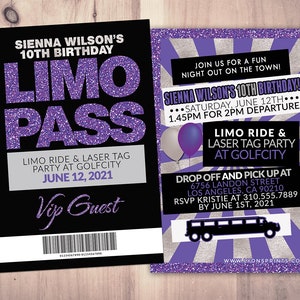 VIP PASS, Limo pass, Birthday party, 21st birthday, backstage pass, cocktail party, birthday invitation, wedding, bachelor, party bus