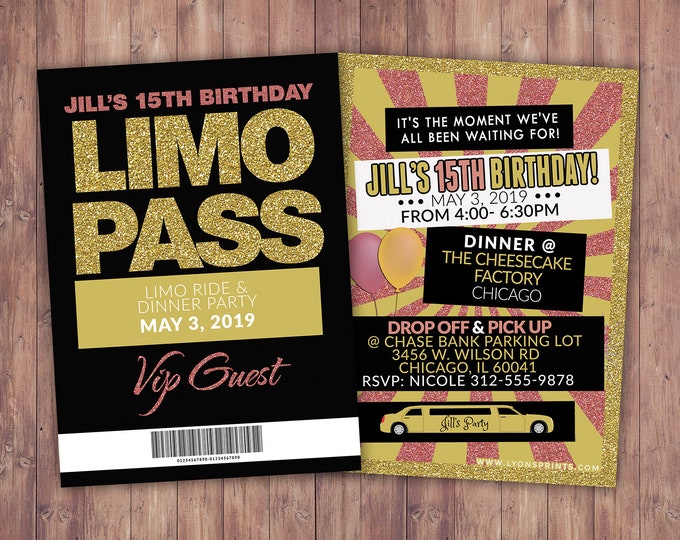 VIP PASS, Limo pass, Birthday party, 21st birthday, backstage pass, cocktail party, birthday invitation, wedding, bachelor, party bus