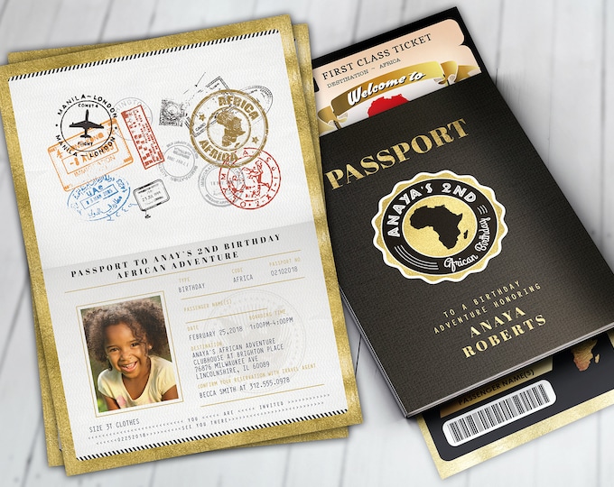 PASSPORT and TICKET Birthday invitation, Bridal Shower invitation, Africa Passport, African Birthday, African Birthday, Digital files only