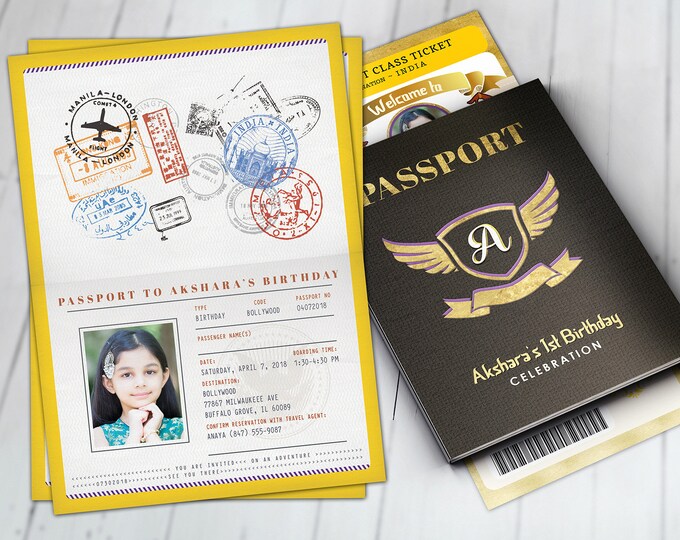 PASSPORT and TICKET invitation, India, Indian birthday- travel birthday party invitation-  sweet 16, Digital files only, Ganesh