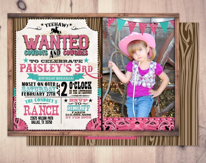 Vintage Cowboy Invitation, boy birthday, cowgirl, rodeo, western invitation, retro, wanted poster, rodeo poster, cowgirl, horse, invite