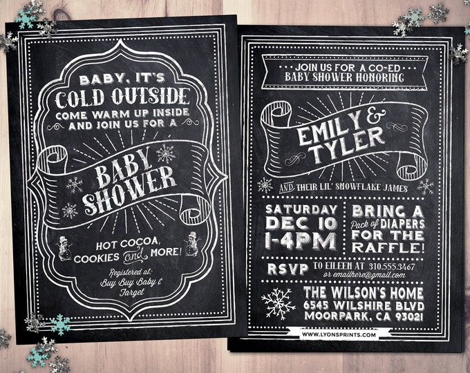 Winter baby shower invitation. Retro chalkboard Baby it's cold outside snowflake gender neutral couple baby shower, snowflake