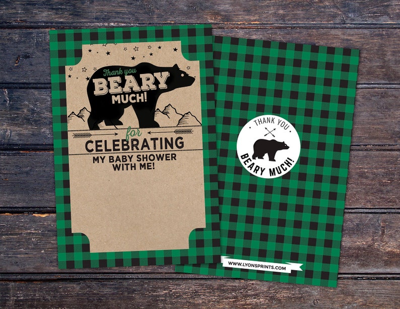 Baby shower, thank you, digital file only, Lumberjack thank you card, Lumberjack birthday, Buffalo Plaid Woodland. bear thank you card GREEN BEAR