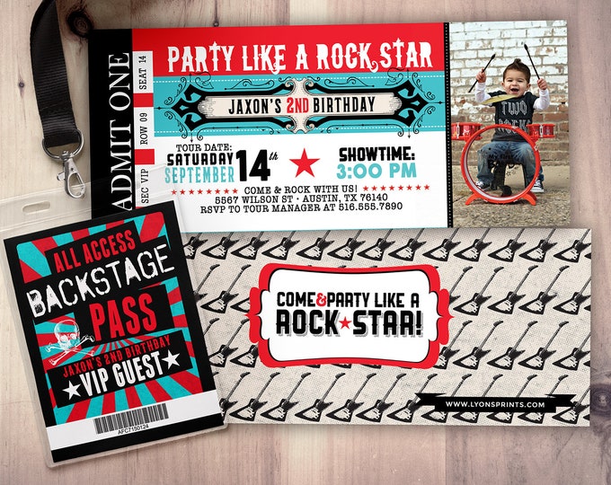 ROCK STAR concert ticket birthday party invitation- Music invitation- photo card, printable, rockstar party, rock star invitation, VIP pass