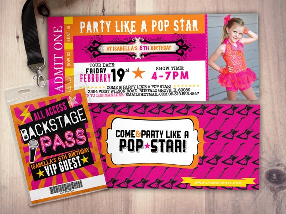 girl birthday invitation pop star birthday invitation-music birthday invitation Rock Star-Concert ticket birthday invitation