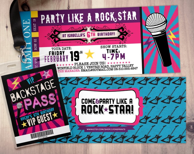 Pop star, Rock Star concert ticket birthday party invitation- Music invitation- printable, rockstar party, pop star, karaoke party,