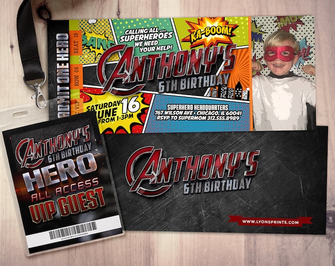 Amusement Park party, Super Hero party invitation, boy birthday invitations / Theme park, super hero birthday, comic ticket, Digital files
