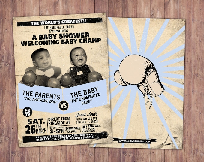 Boxing baby shower invitation, boxing birthday invitation, boxing, baby boy, gender reveal, knock out party, retro, vintage