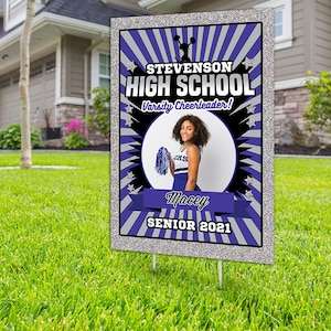 Cheerleader lawn sign design, Digital file only, Photo Yard Sign design,High School Senior, Welcome Sign Congrats, Graduation lawn sign PURPLE-PHOTO