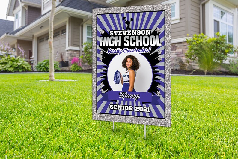 Cheerleader lawn sign design, Digital file only, Photo Yard Sign design,High School Senior, Welcome Sign Congrats, Graduation lawn sign PURPLE-PHOTO