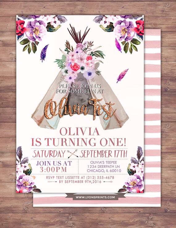 Teepee Birthday Invitation, ticket invitation, pow wow, BOHO, Tribal, first birthday, 1st birthday, Gold glitter, music festival, Rock Star Il_570xn