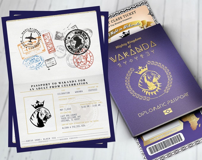 Passport and ticket, Prom invitation, Birthday invitation, Wakanda, Africa Passport, African Birthday, Panther, Digital files only