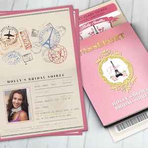 PASSPORT and TICKET, Sweet 16, Quinceanera invitation Girl birthday party, travel birthday party invitation Paris, Digital files only PINK-GOLD